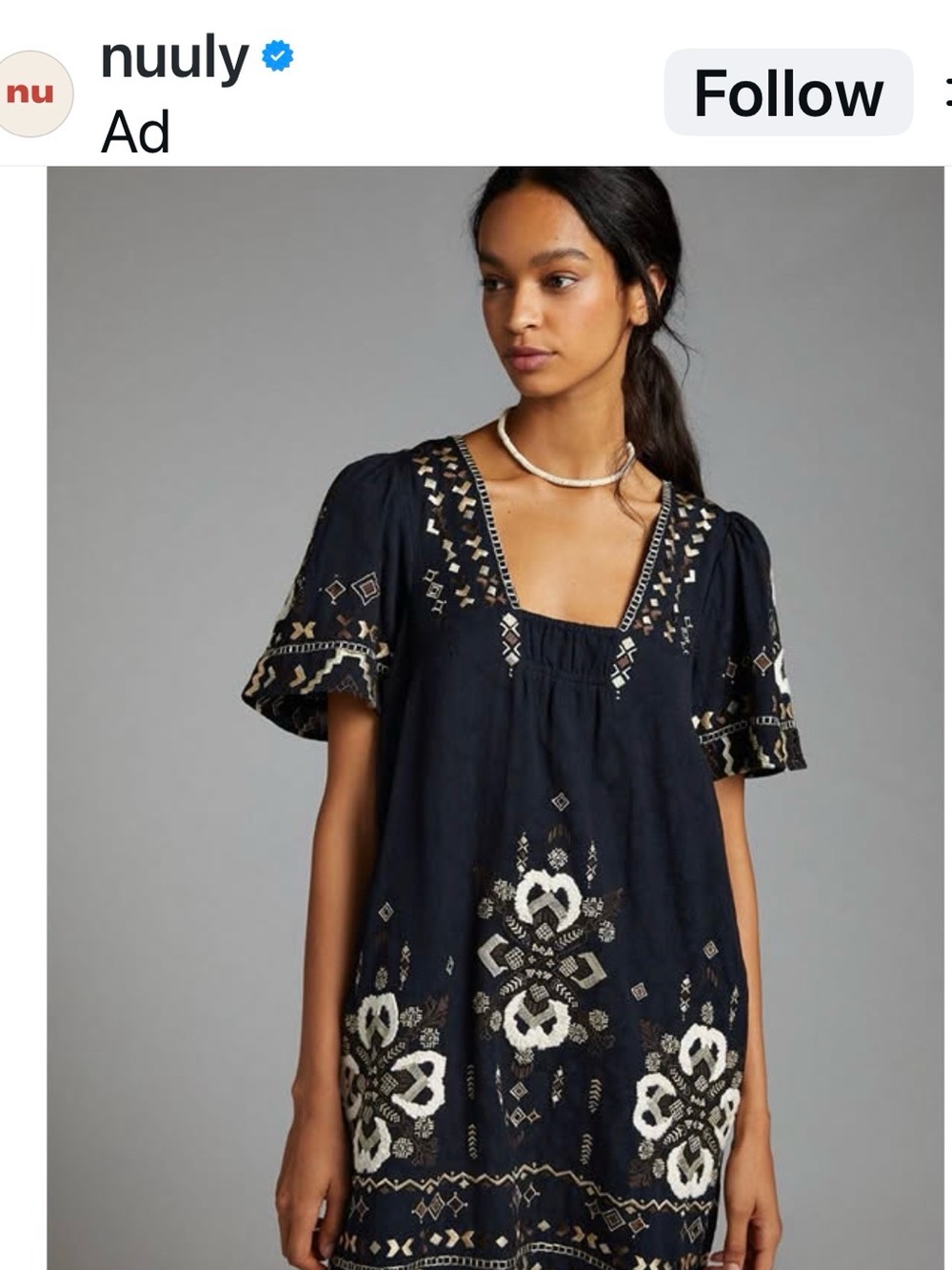 Anthropologie Embroidered Tunic dress with Cream Accents
